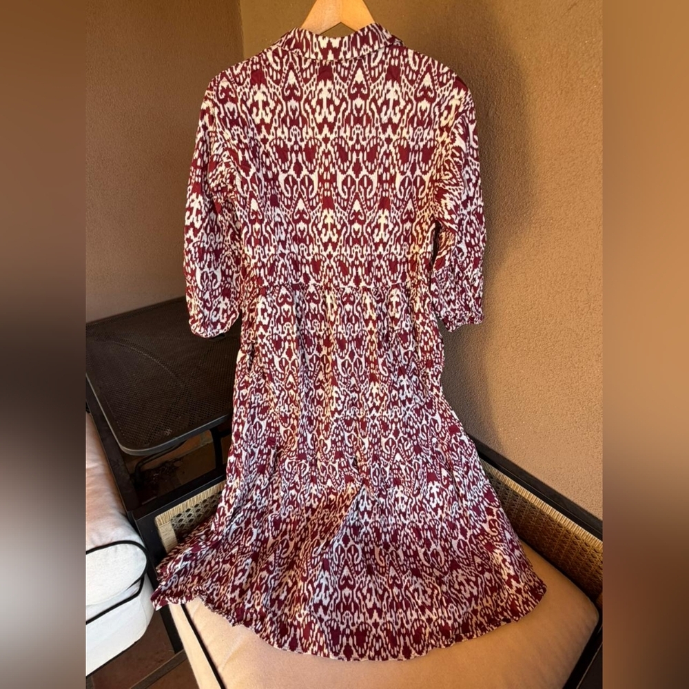 Anthropologie Maeve The Bettina Tiered Shirt Midi Dress in Wine Geometric Aztec - Picture 4 of 5